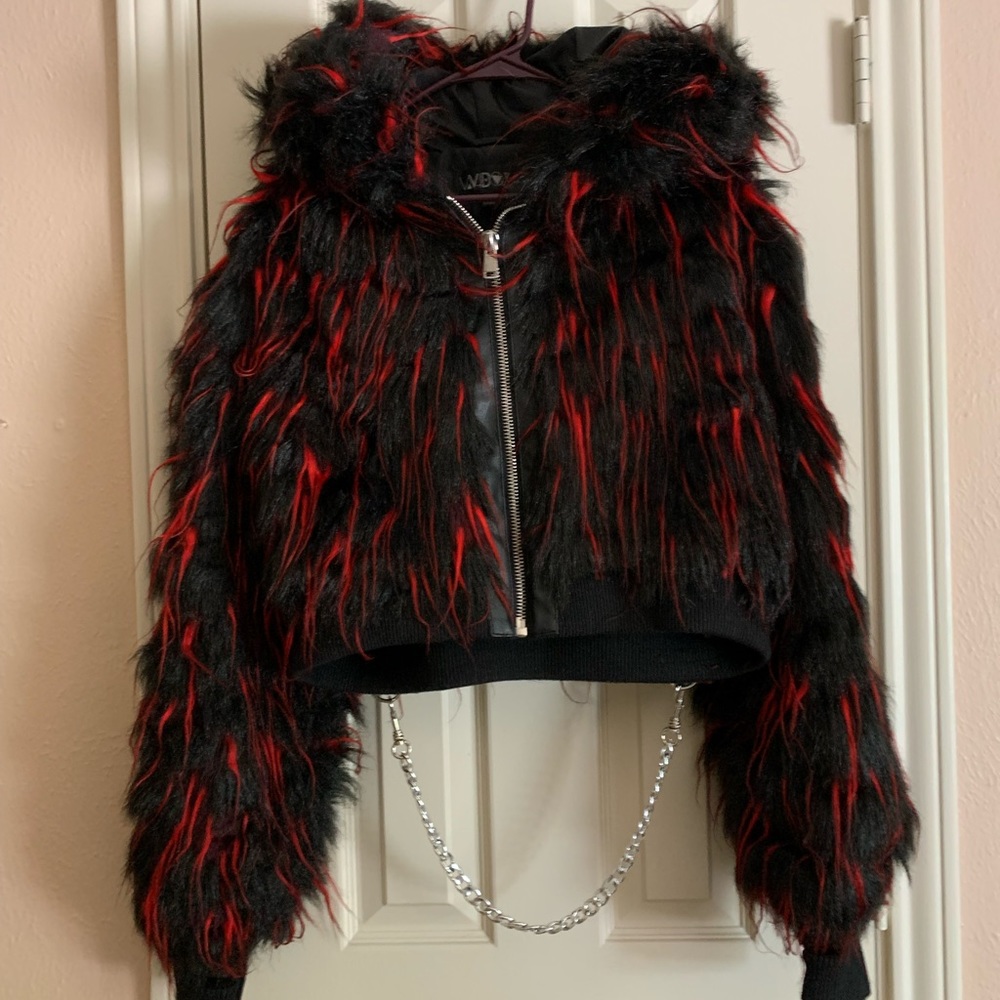 dollzkill red and black fur coat with chain detail